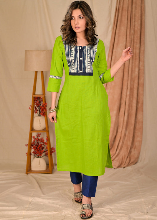 Exclusive Straight Cut Parrot Green Cotton Kurta with Indigo Yoke - Pant Optional