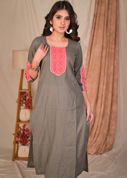 Trendy Straight Cut Grey Cotton and Contrast Kantha Combination Kurta