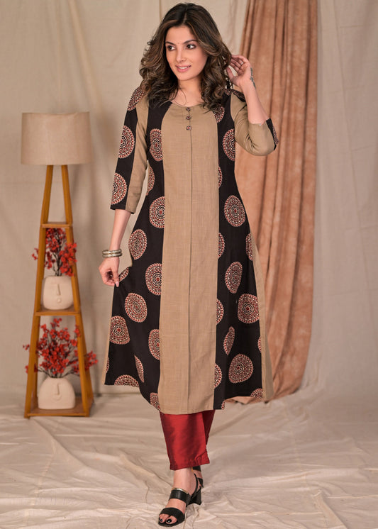 Classy A-Line Cotton and Ajrakh Combination Kurta - Pant Optional