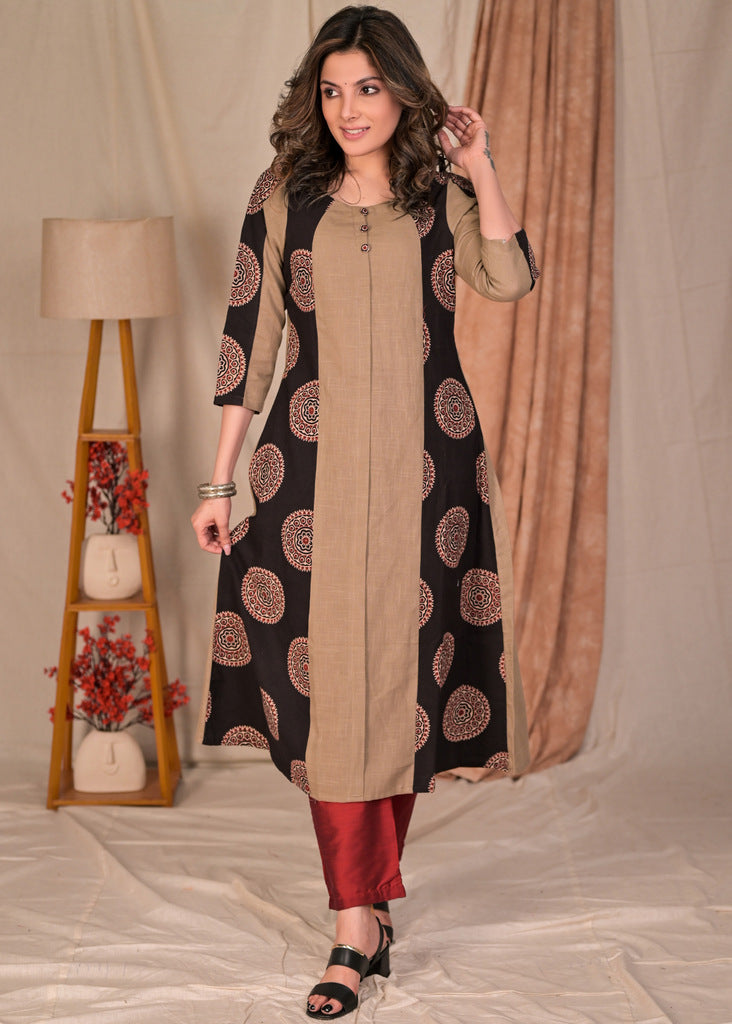 Classy A-Line Cotton and Ajrakh Combination Kurta - Pant Optional