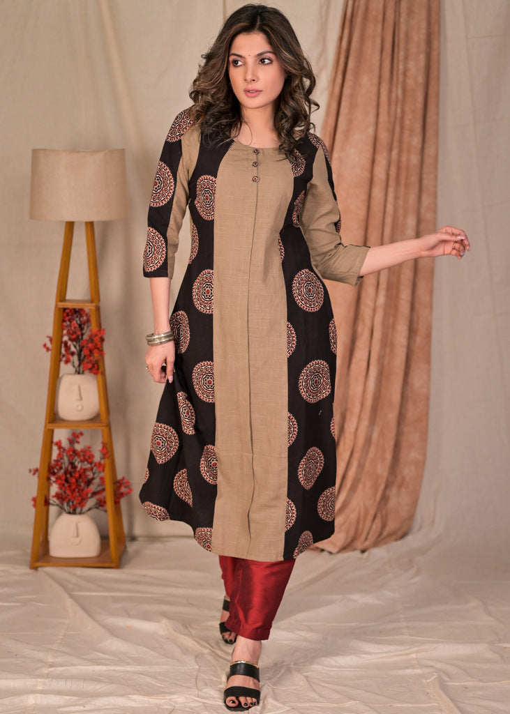 Classy A-Line Cotton and Ajrakh Combination Kurta - Pant Optional