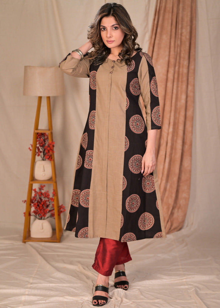 Classy A-Line Cotton and Ajrakh Combination Kurta - Pant Optional