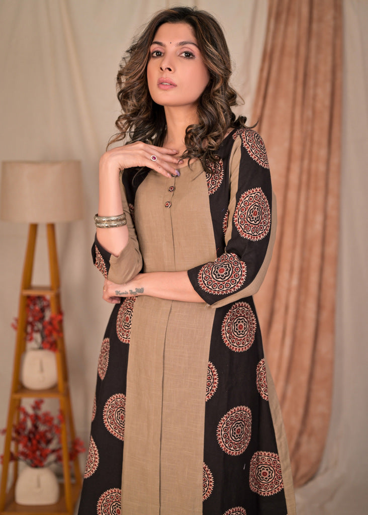 Classy A-Line Cotton and Ajrakh Combination Kurta - Pant Optional