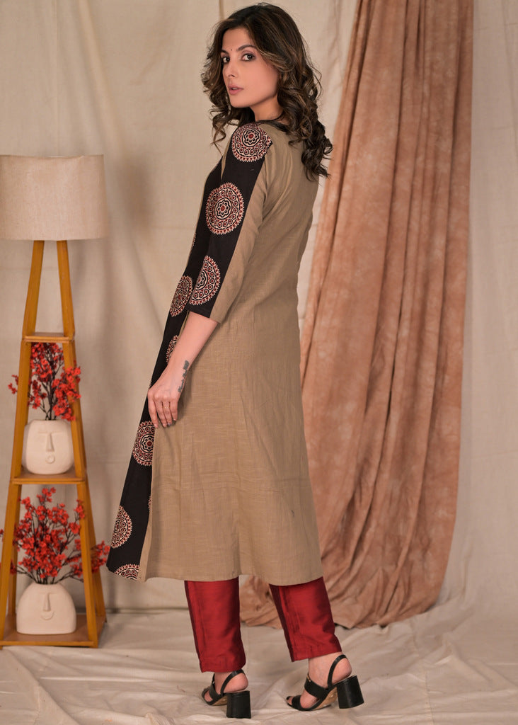 Classy A-Line Cotton and Ajrakh Combination Kurta - Pant Optional