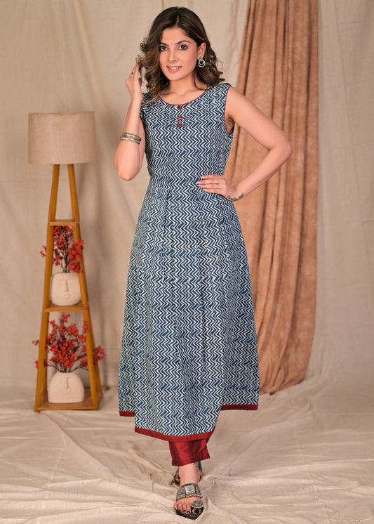 Exclusive A Line Indigo Kurta with Maroon Detailing - Pant Optional