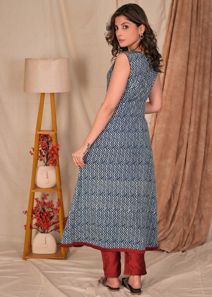 Exclusive A Line Indigo Kurta with Maroon Detailing - Pant Optional