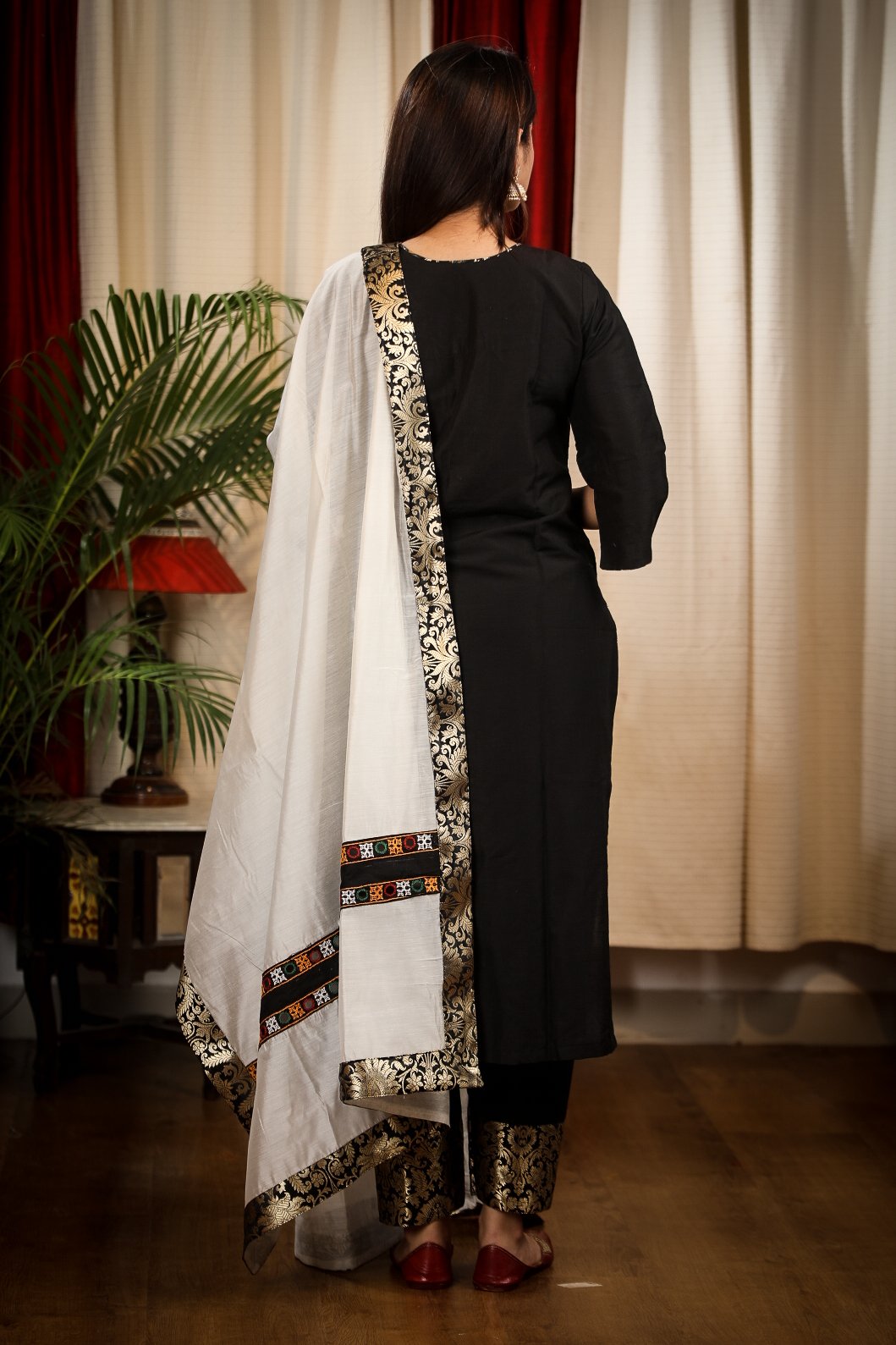 Black Cotton Silk Hand Zardosi Work Kurta