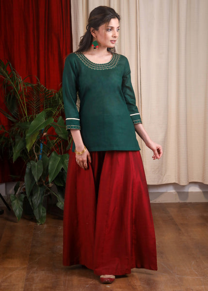 Delicate Hand Embroidered Forest Green Top