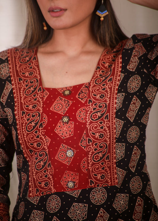 Trendy Straight Cut pure Ajrakh Cotton Kurta With Contrast Yoke and Elegant Buttons