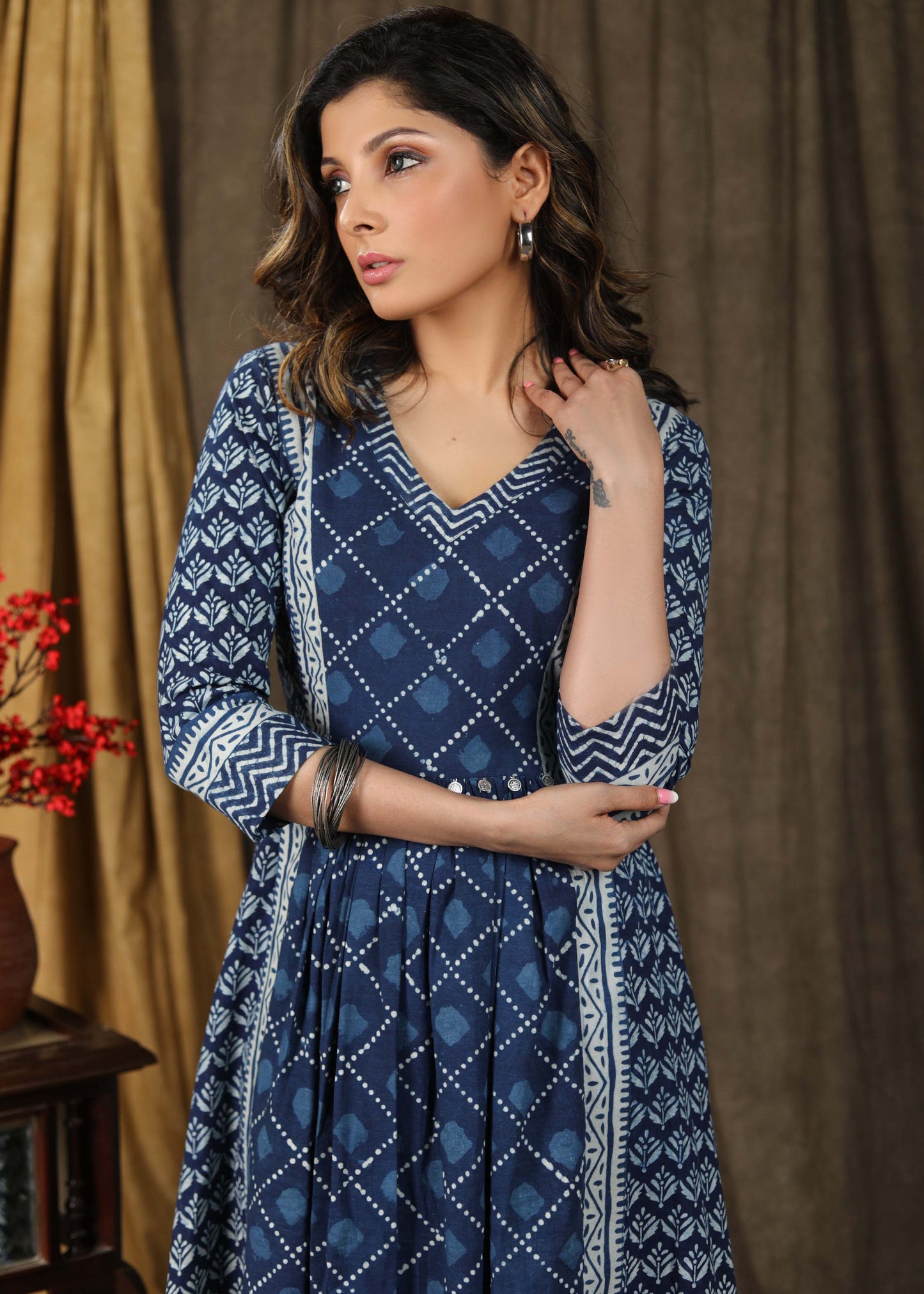 Beautiful indigo gathered dress with coin embellishments