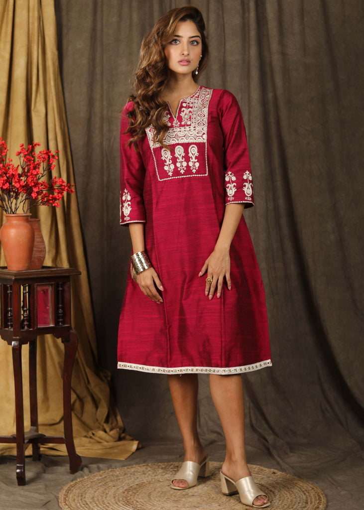 Exclusive magenta cotton silk tunic dress with beautiful zari embroidery on yoke and sleeves