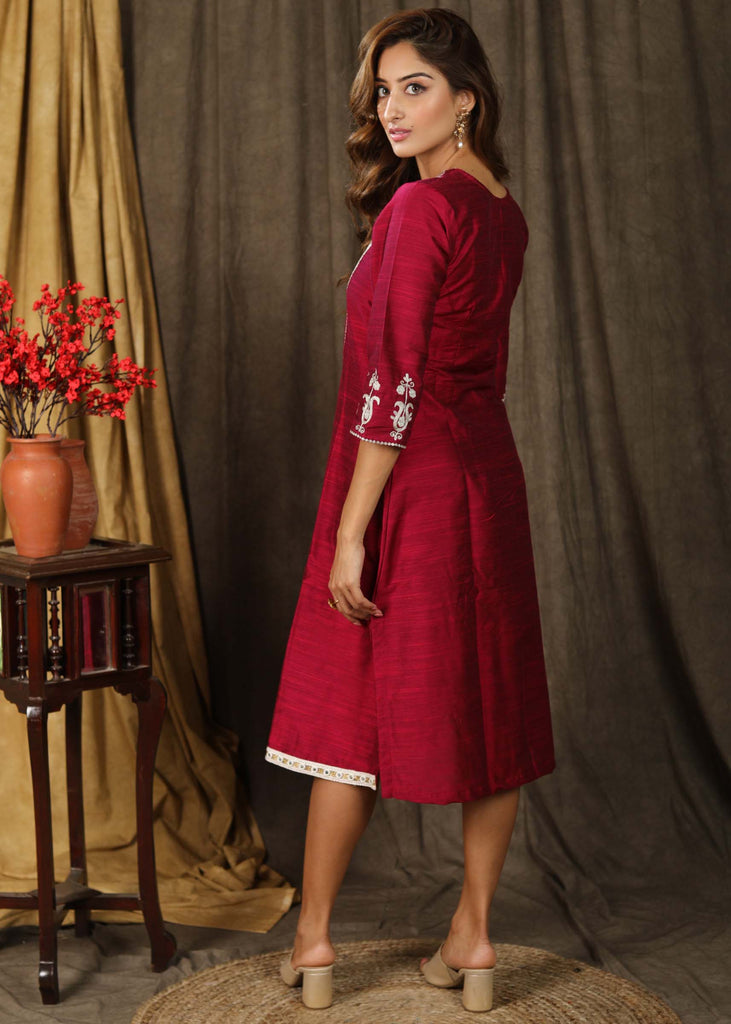 Exclusive magenta cotton silk tunic dress with beautiful zari embroidery on yoke and sleeves