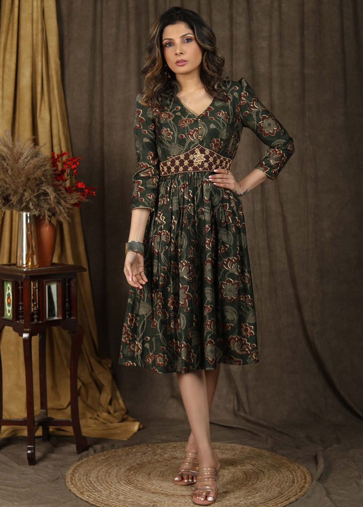 Elegant olive green foiled floral A-line gathered dress with beautiful hand embroidered attached belt