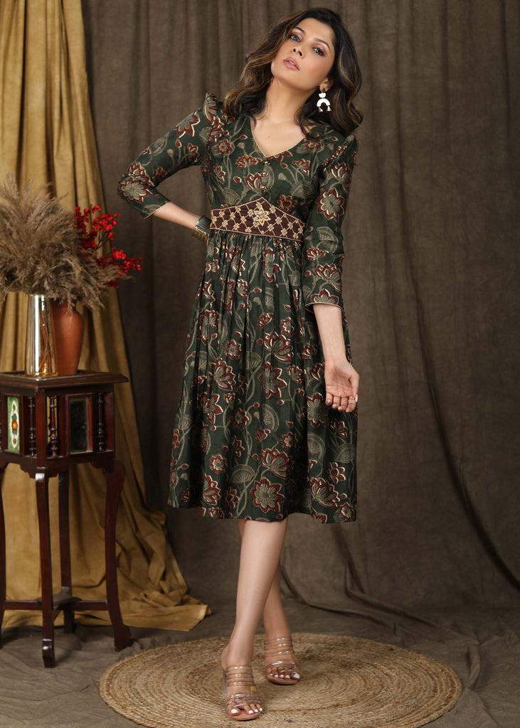 Elegant olive green foiled floral A-line gathered dress with beautiful hand embroidered attached belt