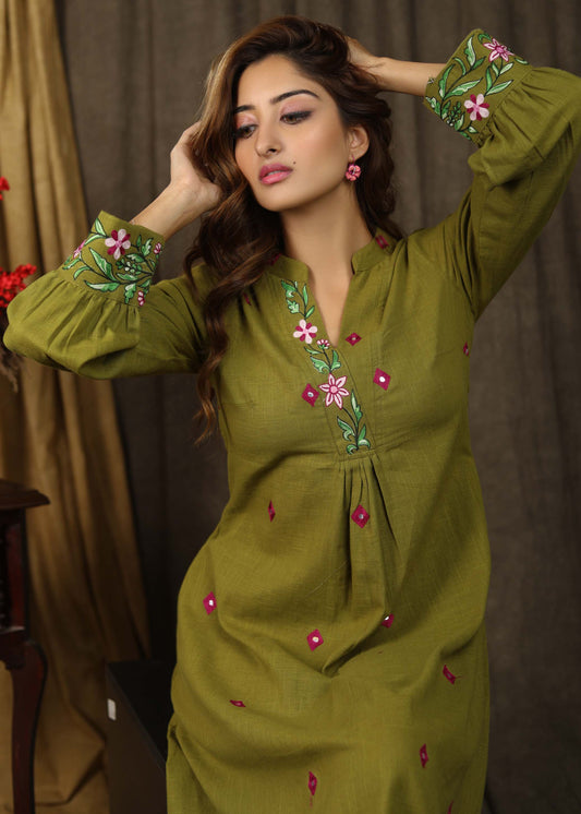 Exclusive henna green tunic dress with minimal floral embroidery on sleeves and neckline