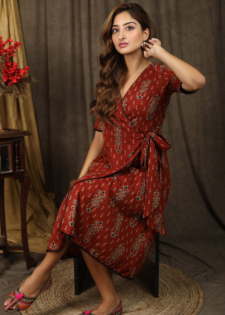 Trendy brick brown aztec print overlap dress highlighted with subtle pompom lace