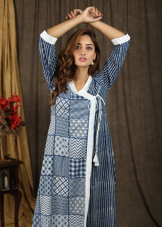 Exclusive indigo patchwork overlap dress