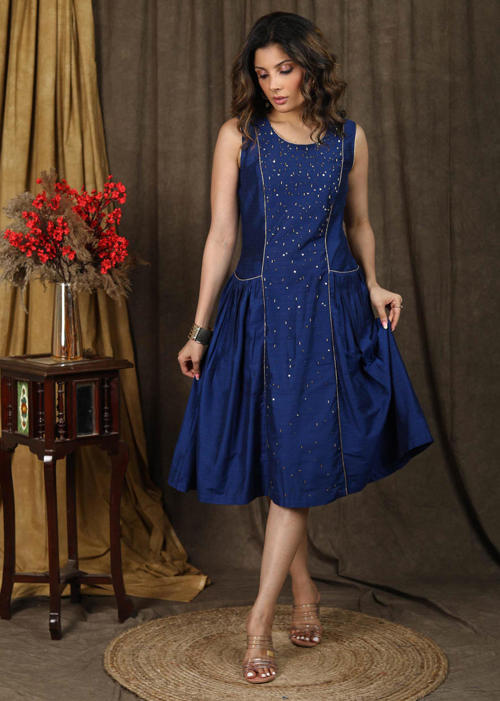 Trendy Royal blue cotton silk dress with front embroidery panel and deep pockets on the edge