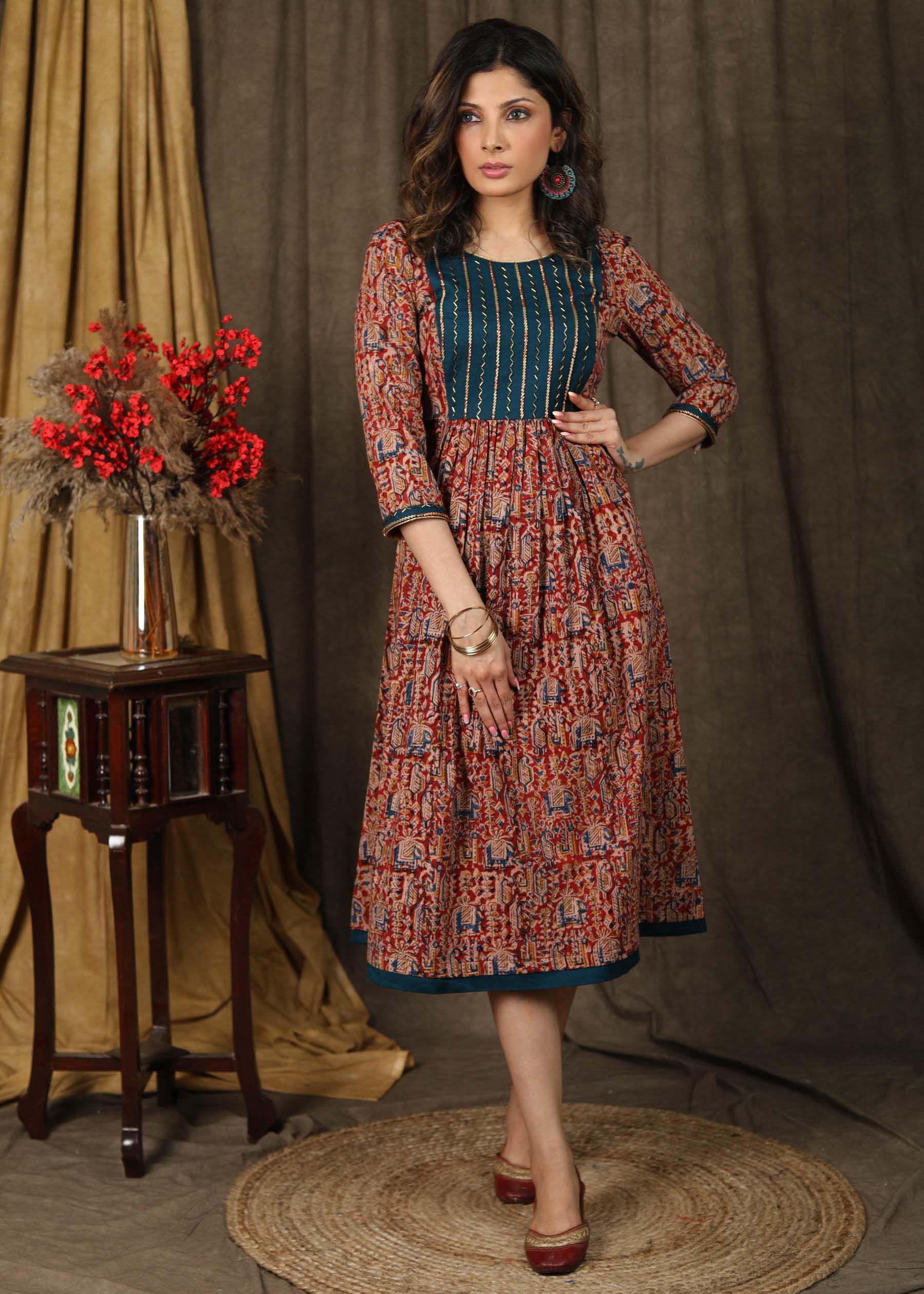 white christmas dresses Umang Rust Red Kalamkari Dress – Discover Ethnic Elegance main image 1