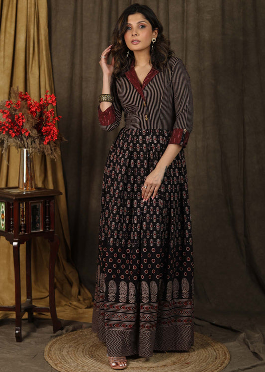 Exclusive ajrakh combination Kalidaar Gown with Ikat collar and turn up sleeves