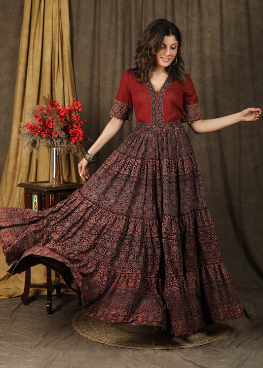 Elegant Ajrakh combination Kalidaar Gown with elbow sleeves highlighted with coin embellishments