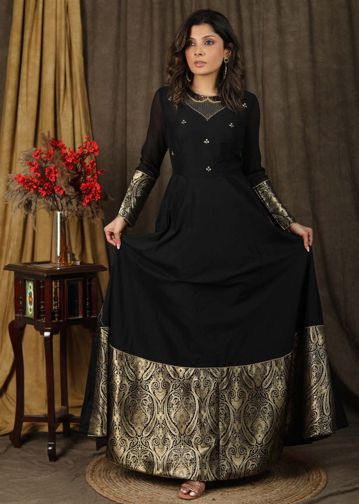 Elegant Black hand embroidered Kalidaar gown highlighted with banarasi border on hemline and sleeves