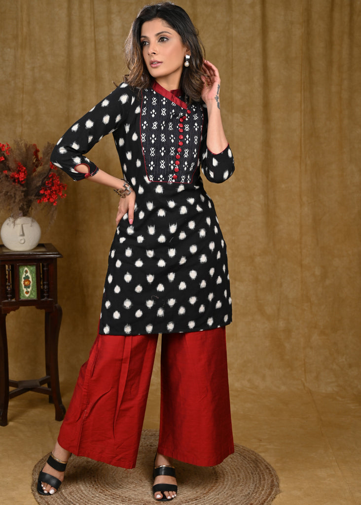 Stylish Polka Dot Ikat with Kantha Work Fabric On Yoke