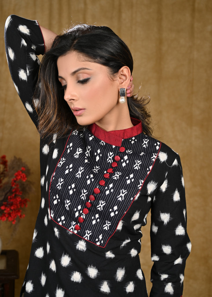 Stylish Polka Dot Ikat with Kantha Work Fabric On Yoke