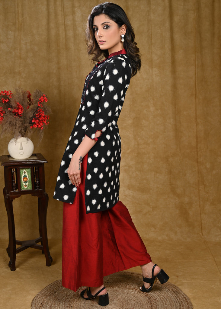 Stylish Polka Dot Ikat with Kantha Work Fabric On Yoke