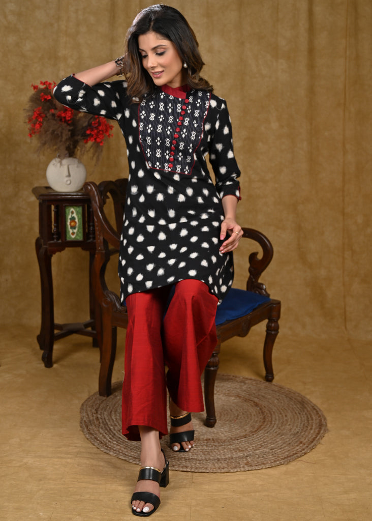 Stylish Polka Dot Ikat with Kantha Work Fabric On Yoke