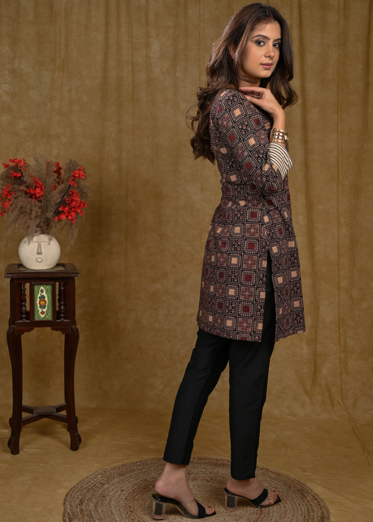 Exclusive Cotton Ajrakh Tunic with Striped Yoke