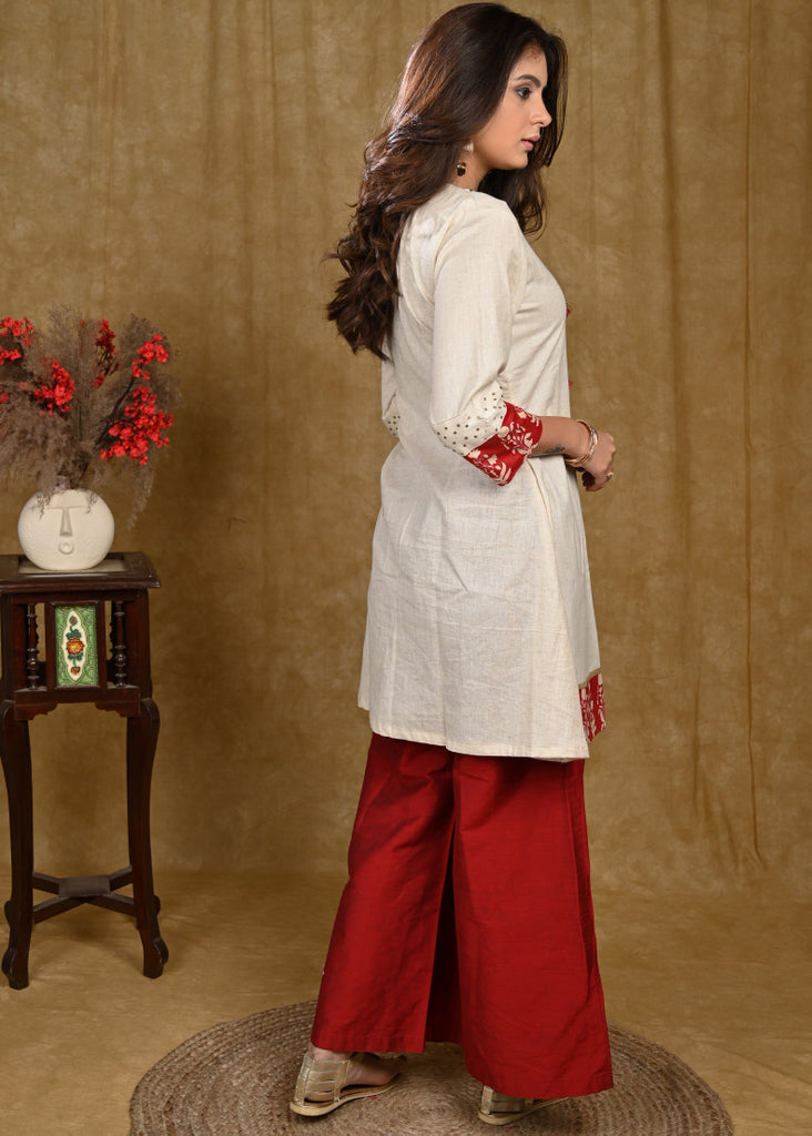 A Line Hand Sequence Work Tunic with Flower Print Border on Hemline and Sleeves