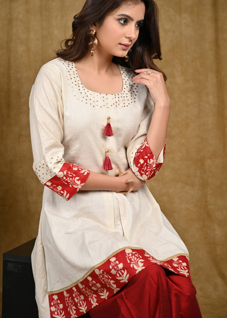 A Line Hand Sequence Work Tunic with Flower Print Border on Hemline and Sleeves