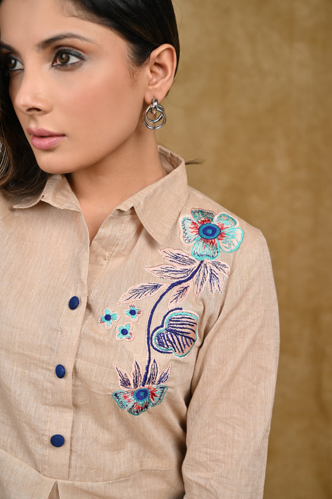Light Beige Cotton Front Pleated Tunic with Embroidered Motif