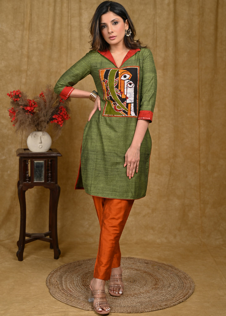 Stylish Pure Cotton Tunic with Batik Print on Front and Contrast Detailing