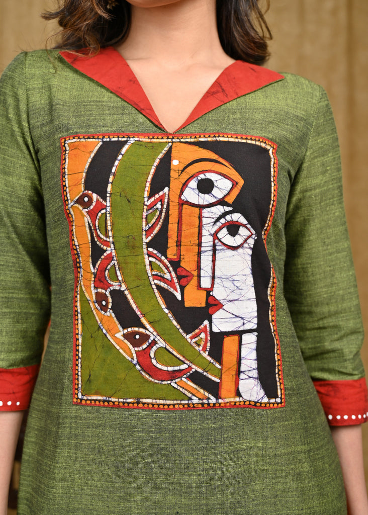 Stylish Pure Cotton Tunic with Batik Print on Front and Contrast Detailing
