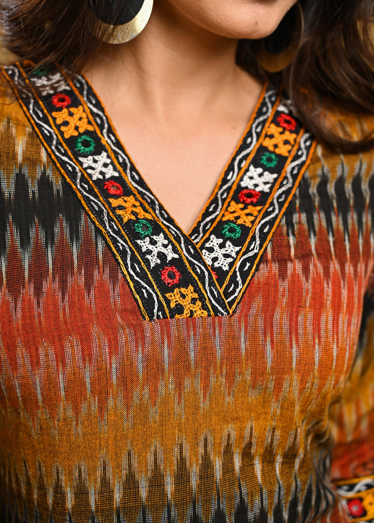 Classy Multicolor Cotton Ikat with Handmade Kutch Mirror Work on Neckline and Sleeves