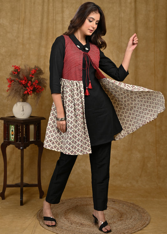 Classy Cotton Off-white Maroon Jacket Style Tunic with Black Inner