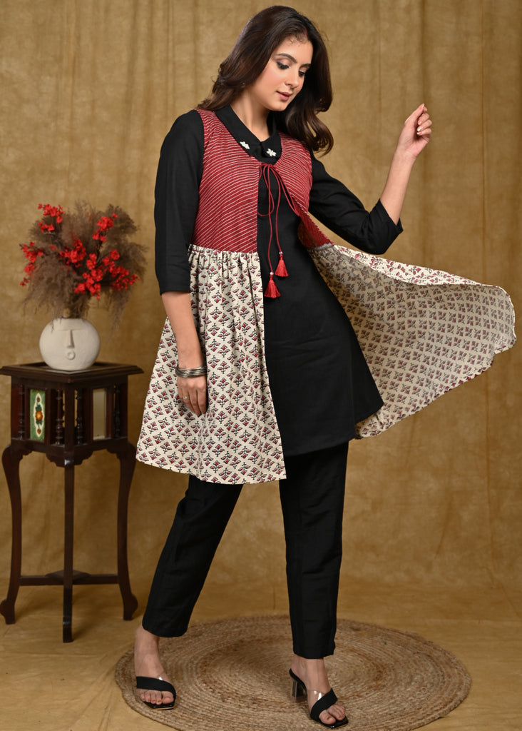 Classy Cotton Off-white Maroon Jacket Style Tunic with Black Inner