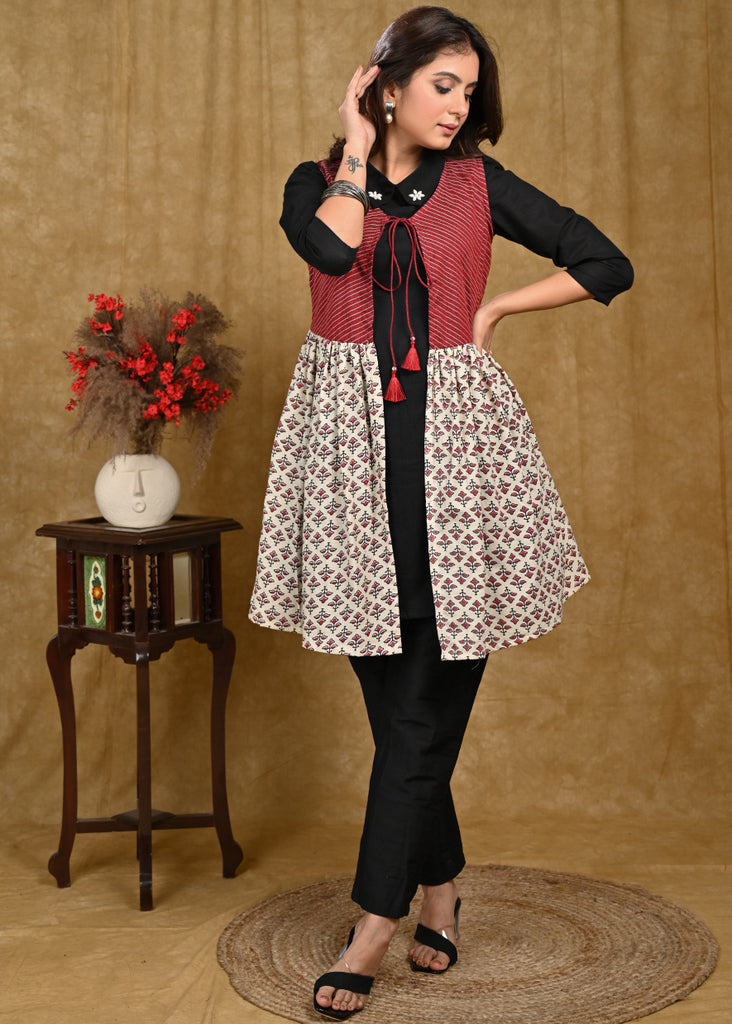 Classy Cotton Off-white Maroon Jacket Style Tunic with Black Inner