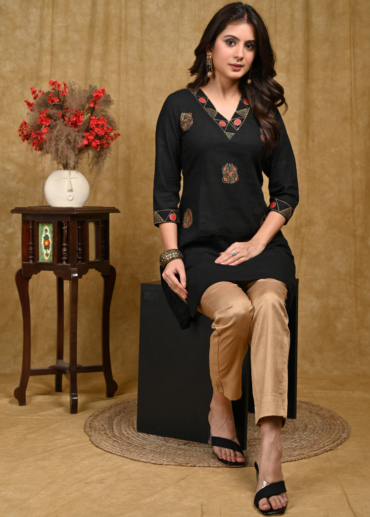 Elegant Hand Painted Black Cotton Tunic