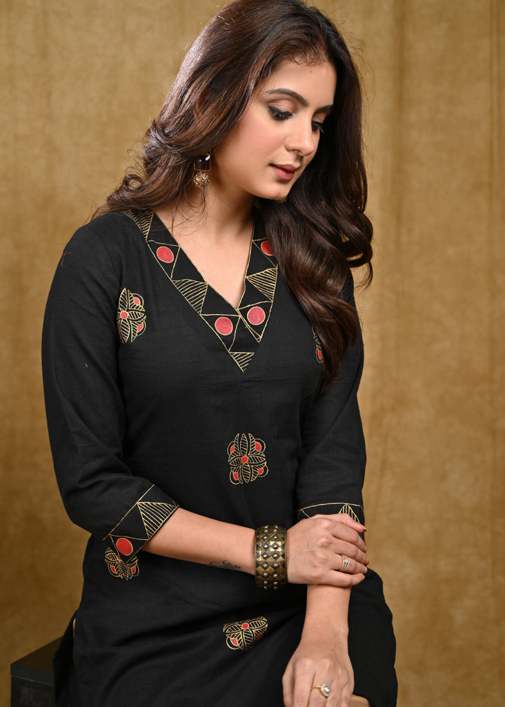 Elegant Hand Painted Black Cotton Tunic