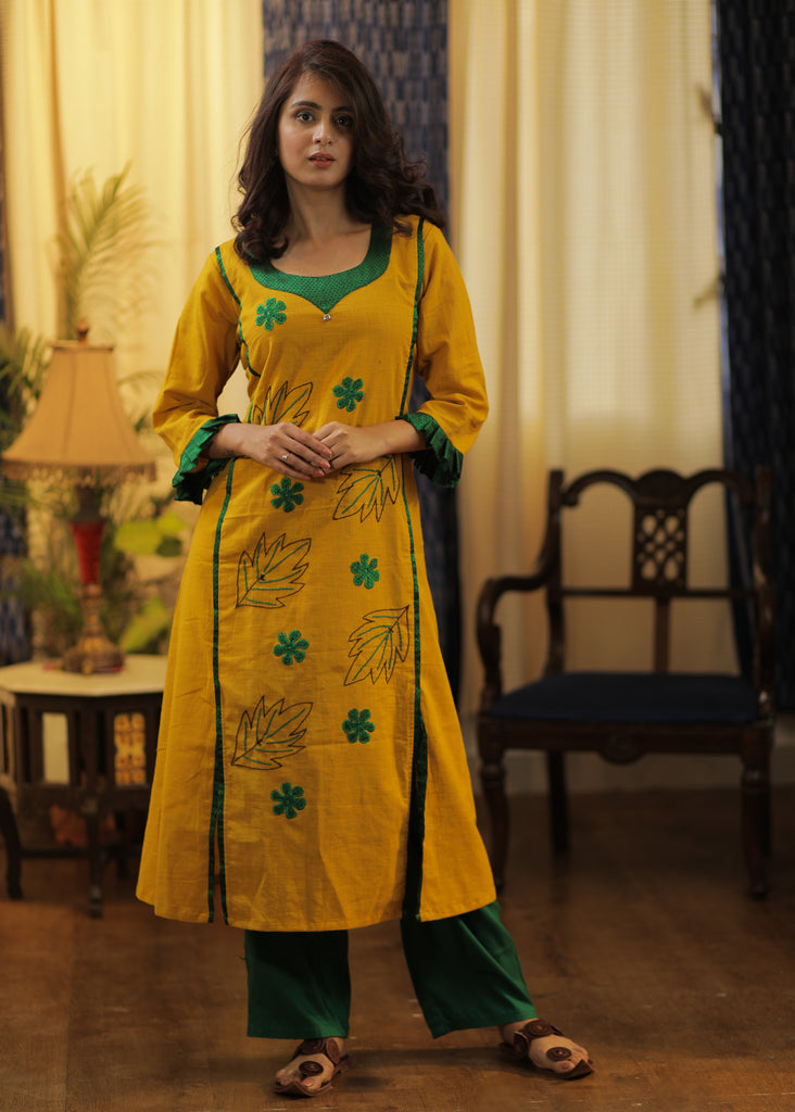 A-line Cotton Handloom kurta with Hand made Khun Flowers and Hand Embroidery
