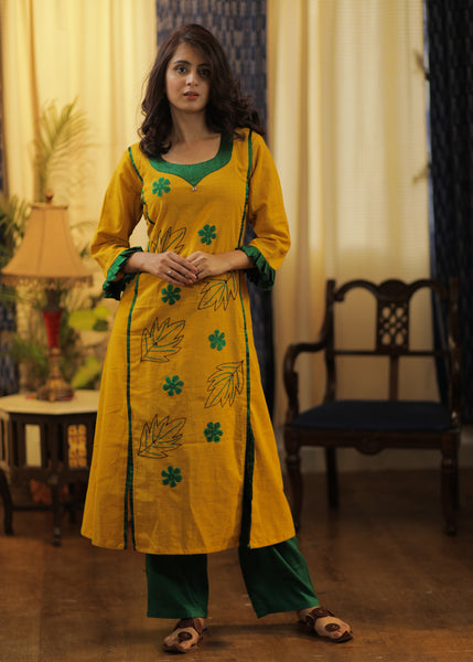 A-line Cotton Handloom kurta with Hand made Khun Flowers and Hand Embroidery