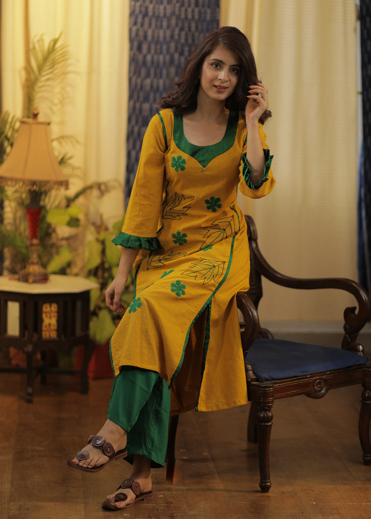 A-line Cotton Handloom kurta with Hand made Khun Flowers and Hand Embroidery