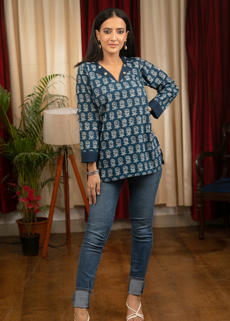 Exclusive Indigo printed top with smart collar