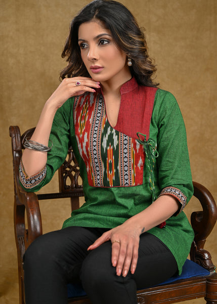 Elegant Bottle Green Cotton Top with Ikat Yoke