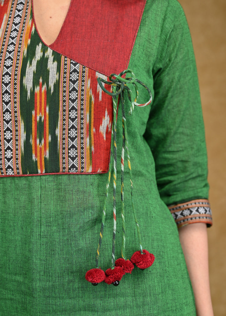 Elegant Bottle Green Cotton Top with Ikat Yoke