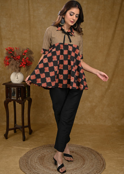 A-Line Red Cotton Top with Black Designer Collar