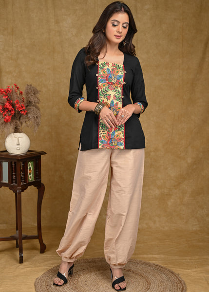 Black Cotton Top with Exclusive Madhubani Painting Patch